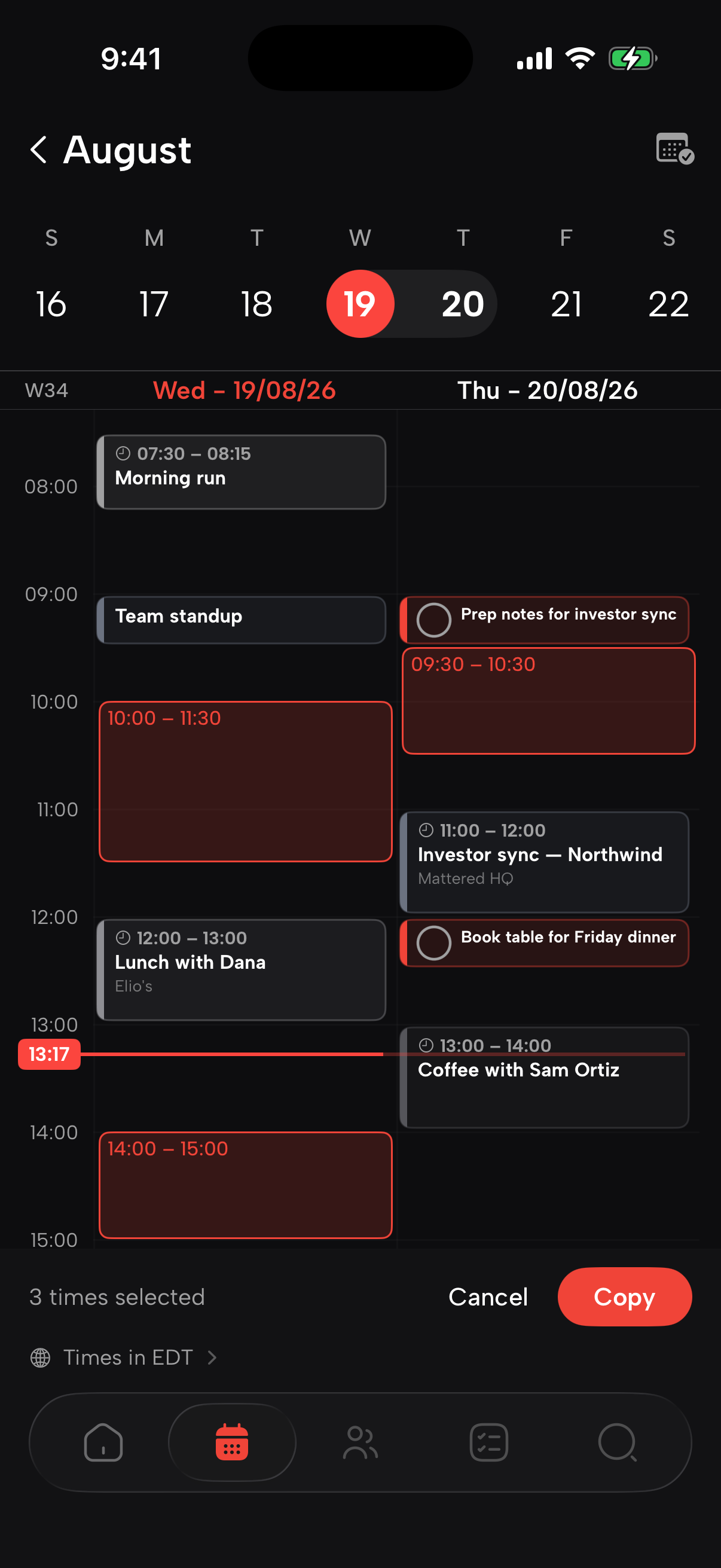 smirk availability: pick free slots on the calendar and copy them as a message