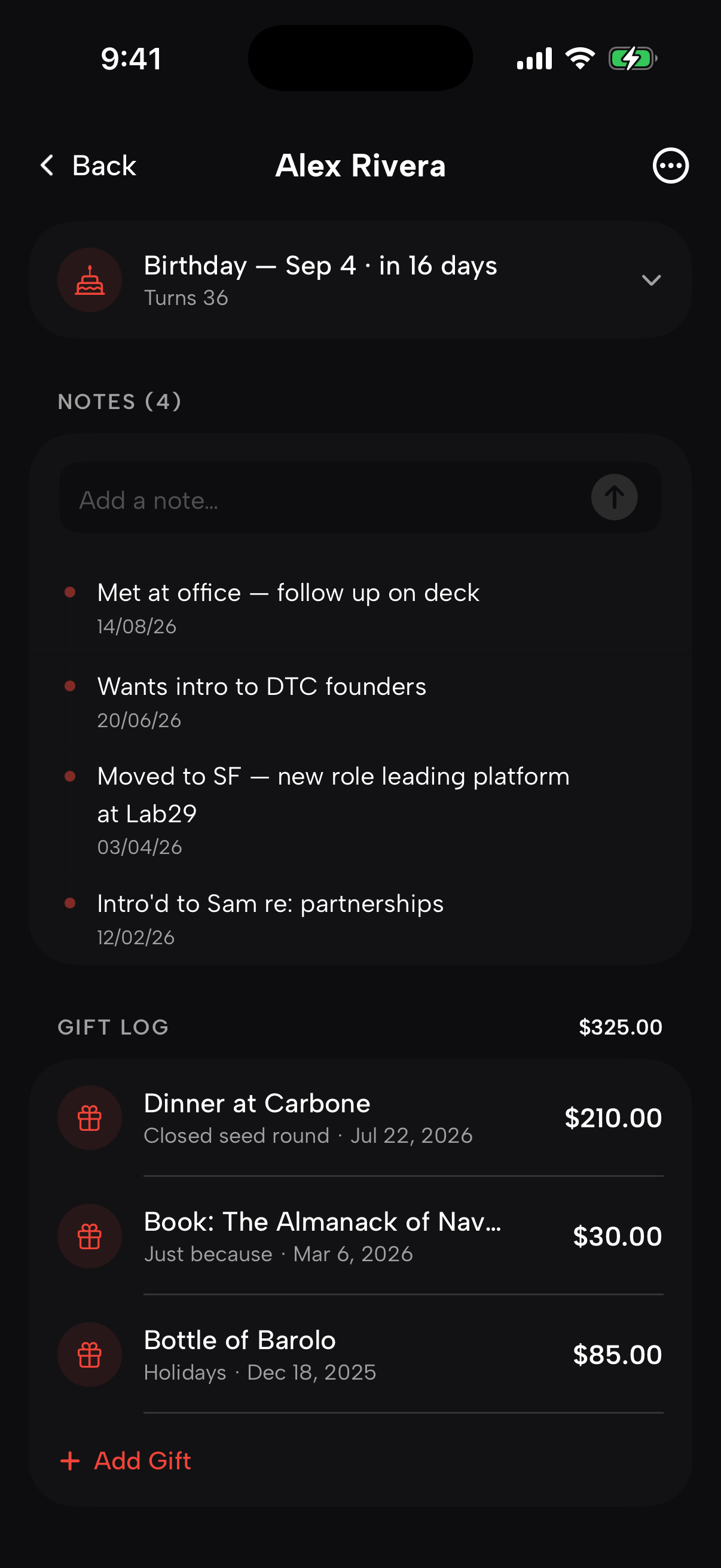 A smirk contact: birthday countdown, dated notes, and a gift log with spend