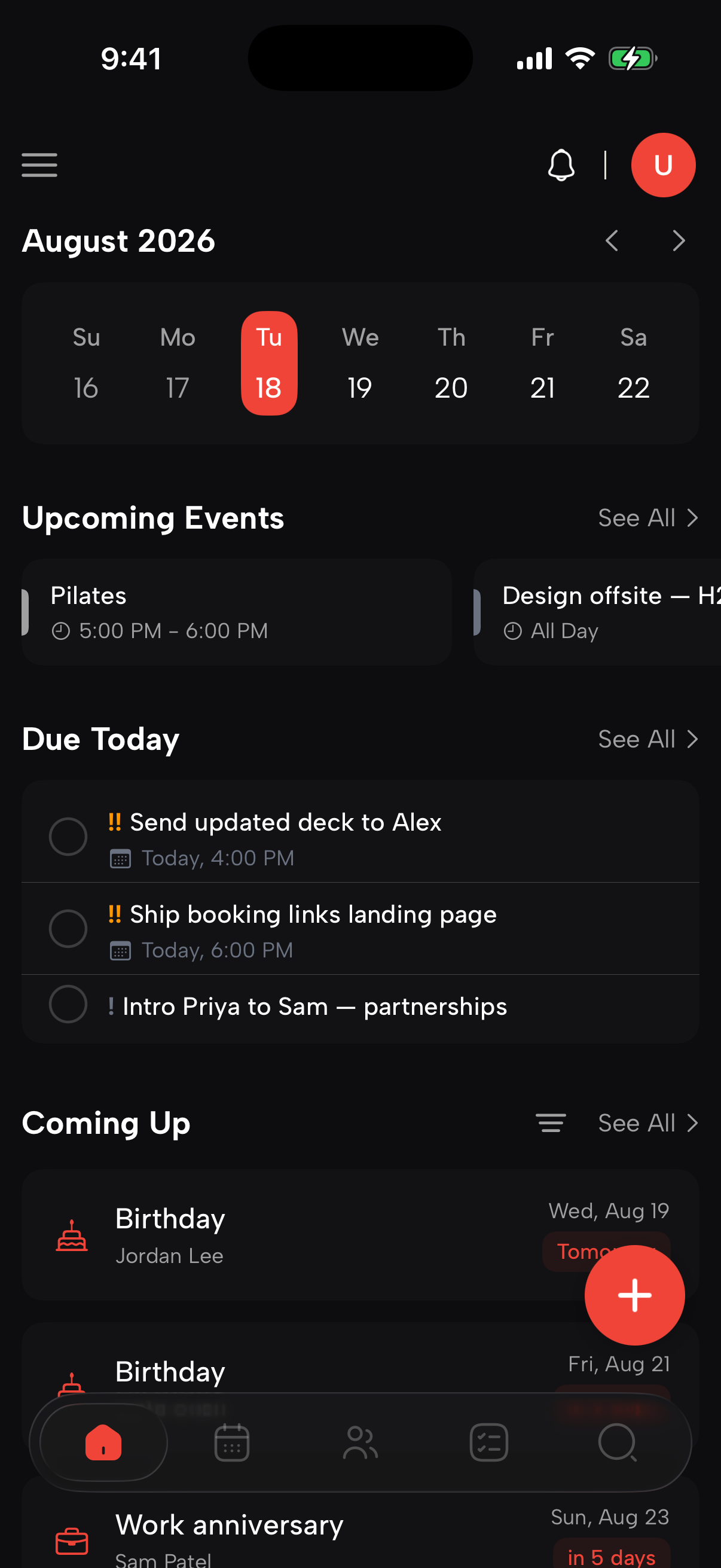 The smirk home screen: today's events, upcoming birthdays, and todos in one dark, focused view